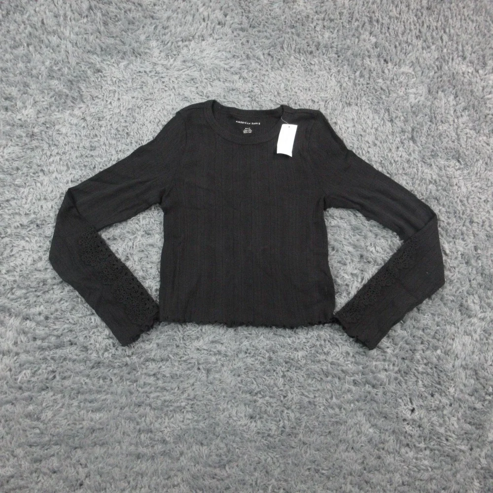 American Eagle Outfitters Shirt Womens Medium Black Ribbed Lace Long Sleeve NWT
